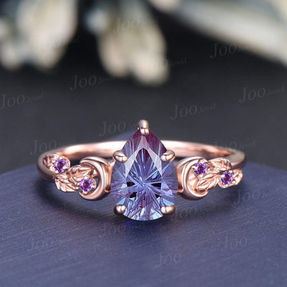 Fireworks Cut Color-Change Alexandrite Sparkle Wedding Ring Starbrite Alexandrite Amethyst Leaf Moon Rings for Women June Birthstone Gifts