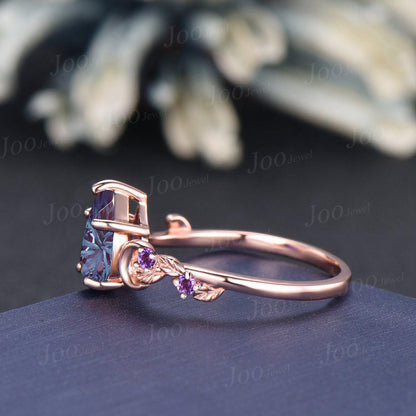 Fireworks Cut Color-Change Alexandrite Sparkle Wedding Ring Starbrite Alexandrite Amethyst Leaf Moon Rings for Women June Birthstone Gifts