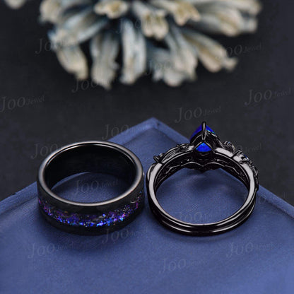 1.25ct Pear Cut Blue Opal Black Promise Ring Set for Her with Galaxy Sandstone Black Tungsten Band for Him Unique Matching Couple Rings Set