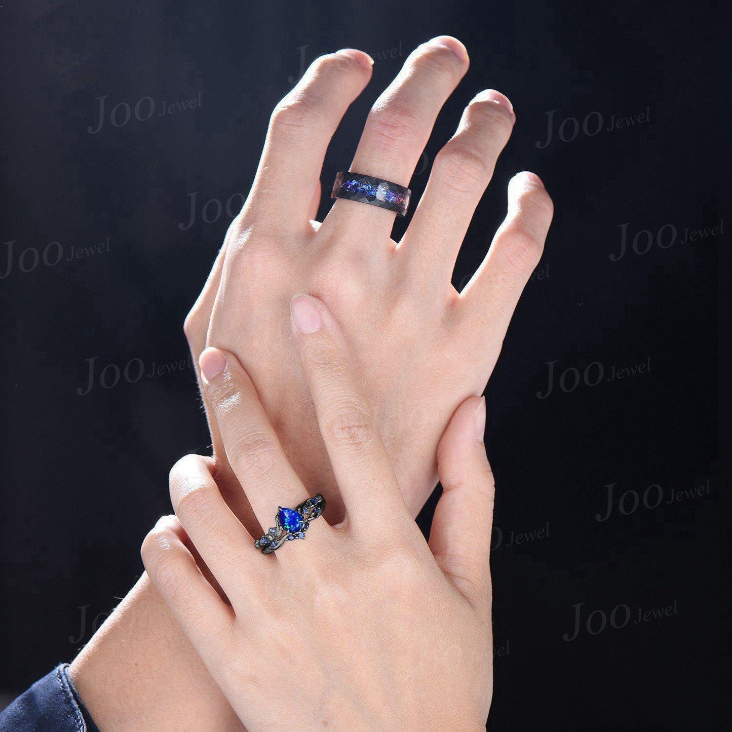 1.25ct Pear Cut Blue Opal Black Promise Ring Set for Her with Galaxy Sandstone Black Tungsten Band for Him Unique Matching Couple Rings Set