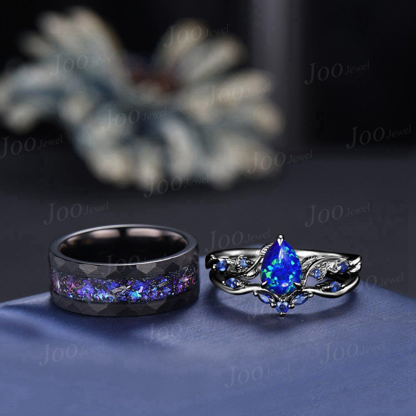 1.25ct Pear Cut Blue Opal Black Promise Ring Set for Her with Galaxy Sandstone Black Tungsten Band for Him Unique Matching Couple Rings Set
