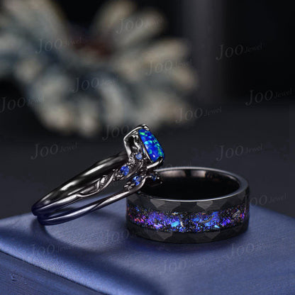 1.25ct Pear Cut Blue Opal Black Promise Ring Set for Her with Galaxy Sandstone Black Tungsten Band for Him Unique Matching Couple Rings Set