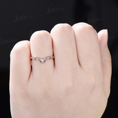 Green Emerald Curved Leaf Wedding Band 14K Rose Gold Nature Inspired Contour Ring Women Unique Matching Band Stacking Ring for Bridal Set