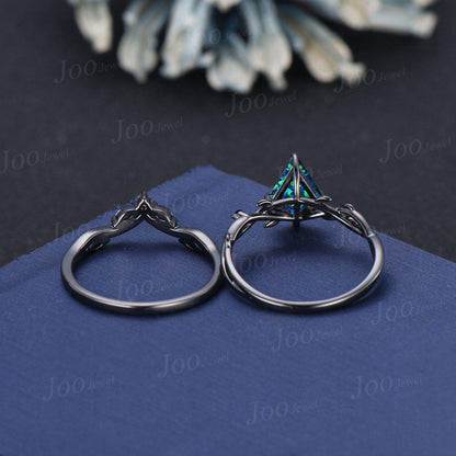 Antique Kite Cut Blue Opal Engagement Ring Set Twig Vine Black Onyx Wedding Ring Kite Bridal Set Gothic Black Wedding Ring Set for Women