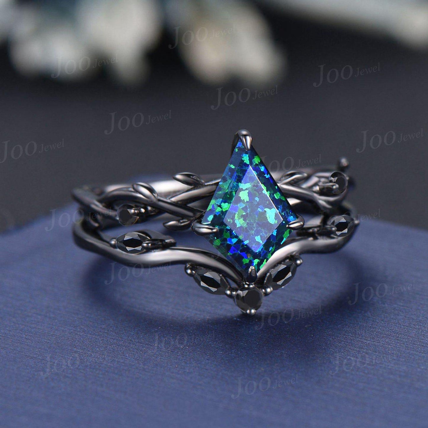 Antique Kite Cut Blue Opal Engagement Ring Set Twig Vine Black Onyx Wedding Ring Kite Bridal Set Gothic Black Wedding Ring Set for Women