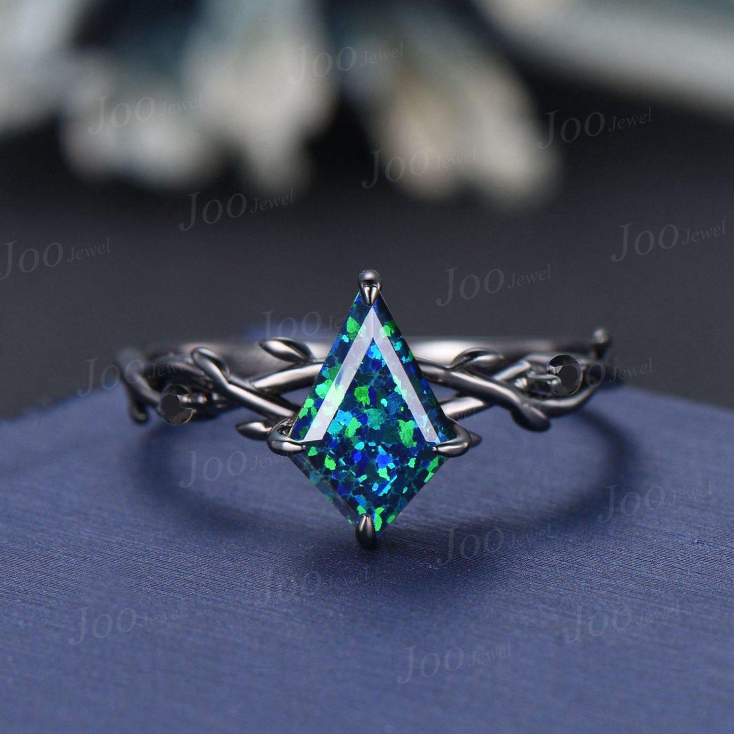 Antique Kite Cut Blue Opal Engagement Ring Set Twig Vine Black Onyx Wedding Ring Kite Bridal Set Gothic Black Wedding Ring Set for Women