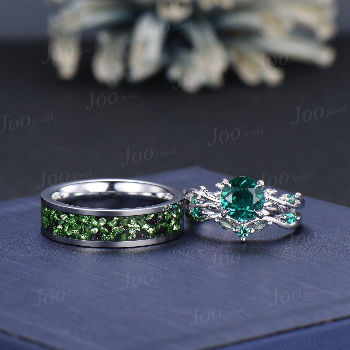 2pcs Round Green Emerald Branch Couples Ring-His and Hers Wedding Band-Sterling Silver Ring-Nature Inspired Matching Band-Anniversary Rings