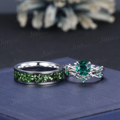 2pcs Round Green Emerald Branch Couples Ring-His and Hers Wedding Band-Sterling Silver Ring-Nature Inspired Matching Band-Anniversary Rings