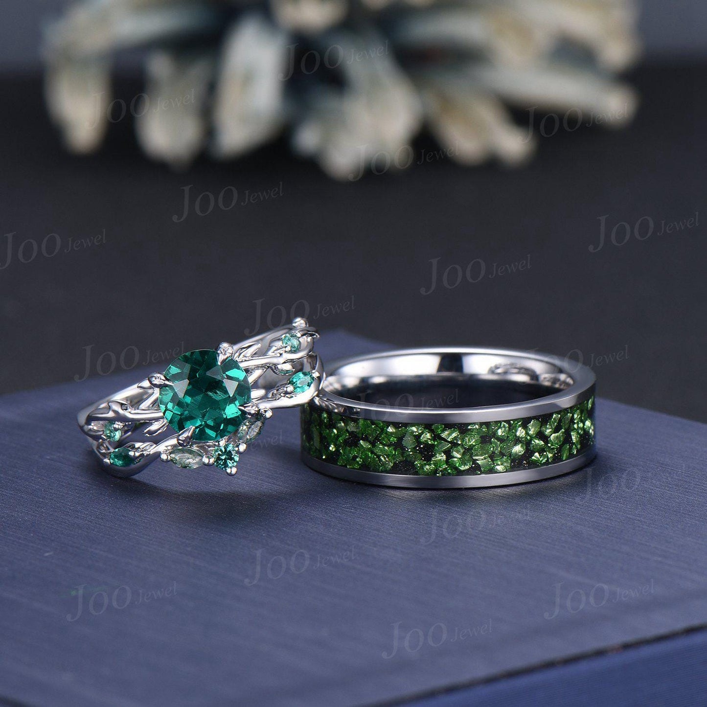 2pcs Round Green Emerald Branch Couples Ring-His and Hers Wedding Band-Sterling Silver Ring-Nature Inspired Matching Band-Anniversary Rings
