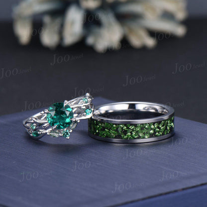 2pcs Round Green Emerald Branch Couples Ring-His and Hers Wedding Band-Sterling Silver Ring-Nature Inspired Matching Band-Anniversary Rings