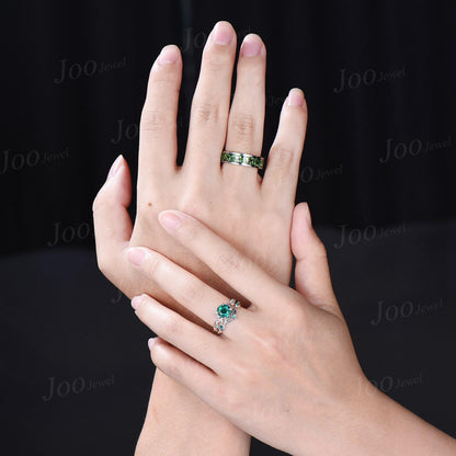 2pcs Round Green Emerald Branch Couples Ring-His and Hers Wedding Band-Sterling Silver Ring-Nature Inspired Matching Band-Anniversary Rings