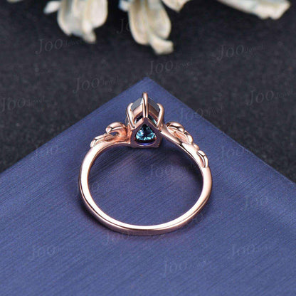 1.25ct Pear Halo Alexandrite Engagement Ring 10K Rose Gold Color-Change Alexandrite Leaf Moon Wedding Ring June Birthstone Gift for Women