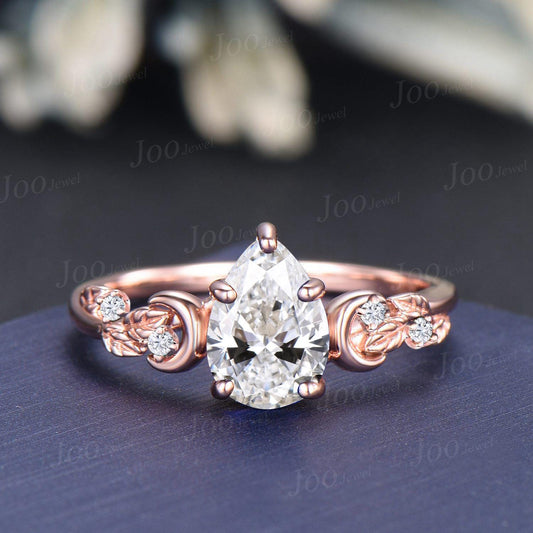 IGI Diamond Engagement Ring 14K Rose Gold Moon Leaf Wedding Rings for Women Teardrop Cut Lab Grown Diamond Solitaire Ring VVS D Diamond Ring