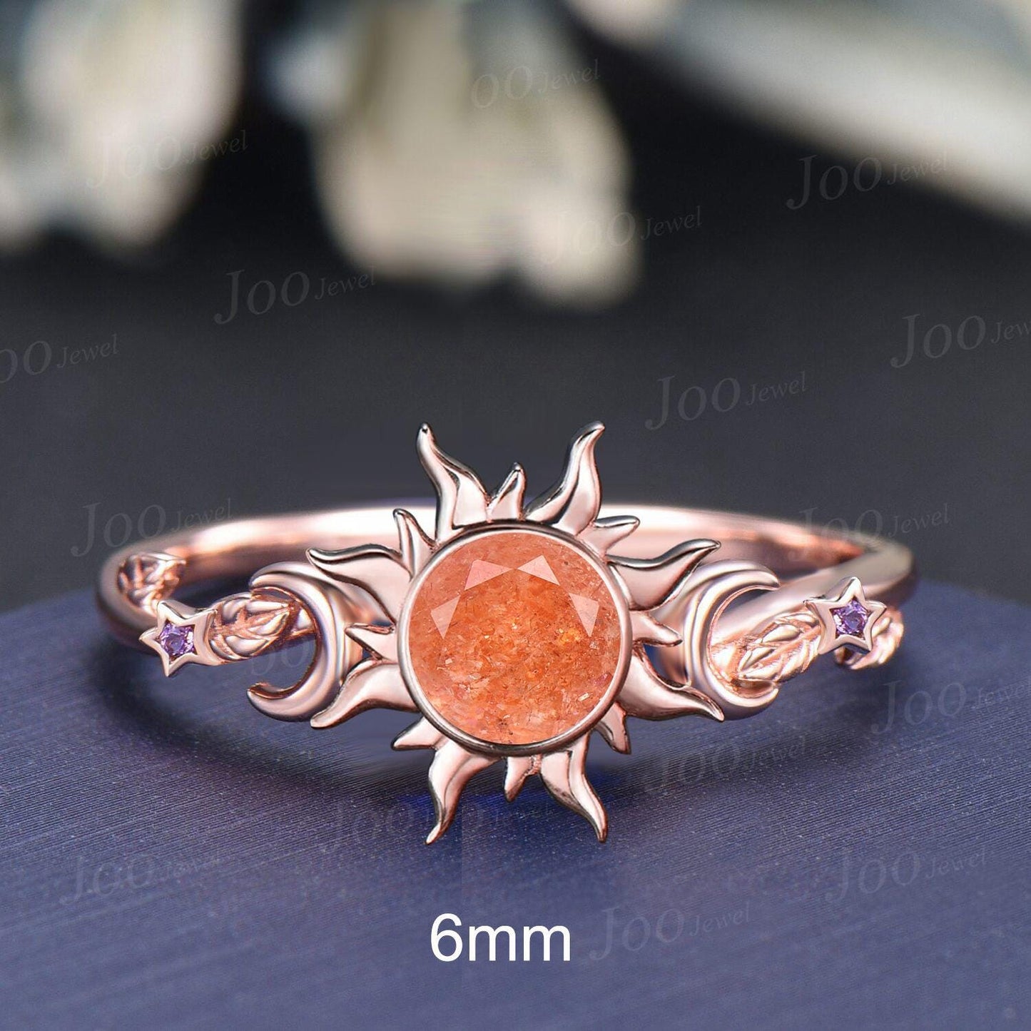 6mm Round Cut Natural Sunstone Sun Engagement Ring Unique Celestial Wedding Ring Moon Star & Sun Genuine Sunstone Jewelry Proposal Ring Gift