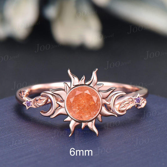 6mm Round Cut Natural Sunstone Sun Engagement Ring Unique Celestial Wedding Ring Moon Star & Sun Genuine Sunstone Jewelry Proposal Ring Gift