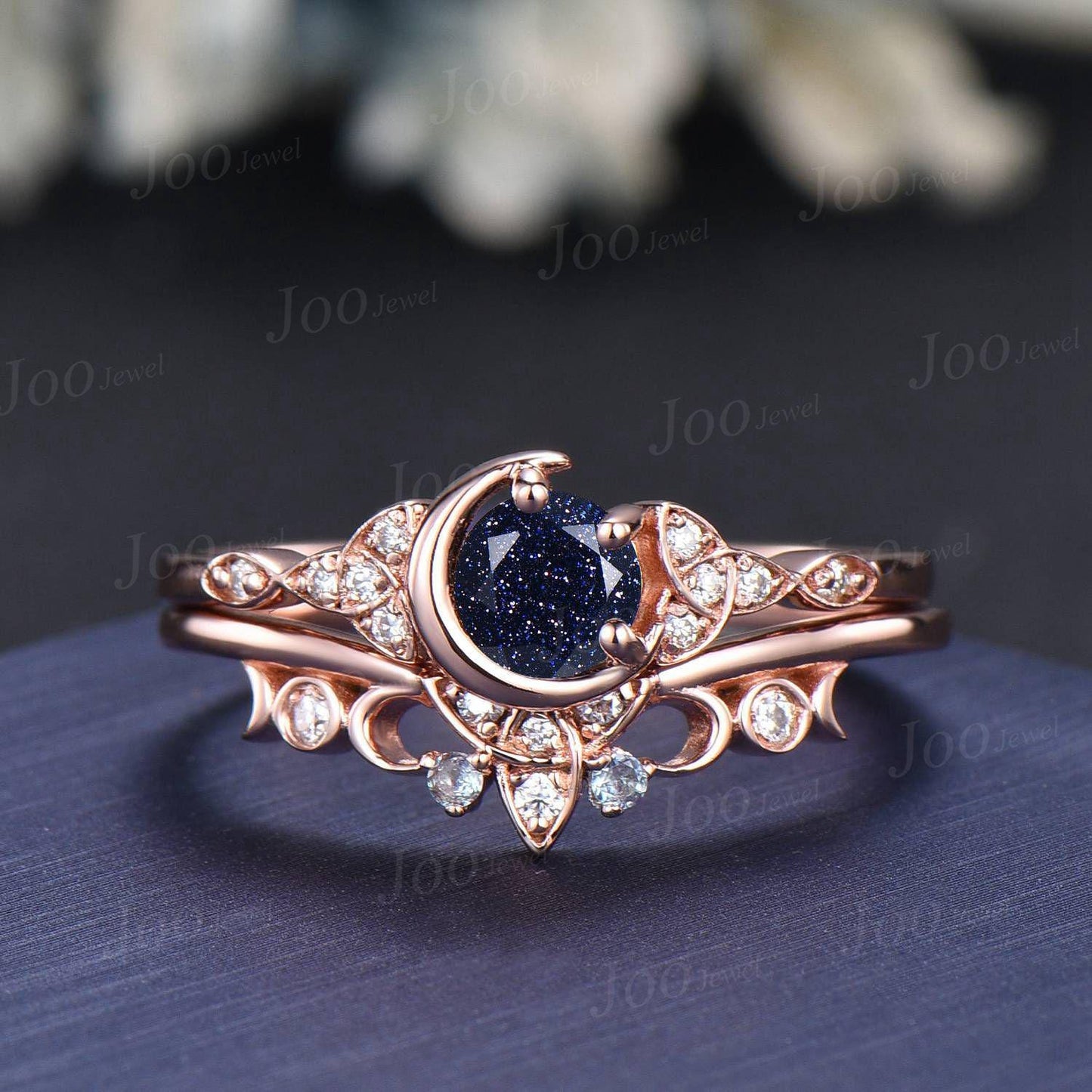 5mm Round Galaxy Blue Sandstone Crescent Moon Bridal Ring For Women Vintage Trinity Knot Promise Ring Art Deco 14K Rose Gold Wedding Rings