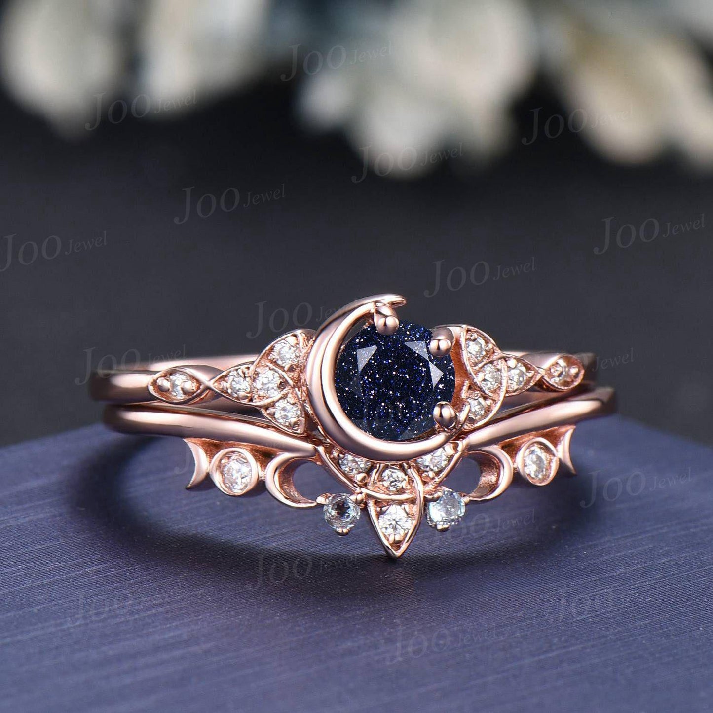 5mm Round Galaxy Blue Sandstone Crescent Moon Bridal Ring For Women Vintage Trinity Knot Promise Ring Art Deco 14K Rose Gold Wedding Rings
