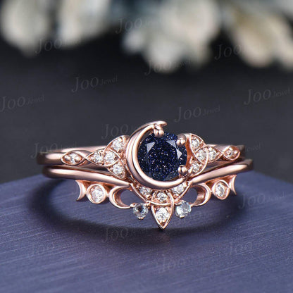 5mm Round Galaxy Blue Sandstone Crescent Moon Bridal Ring For Women Vintage Trinity Knot Promise Ring Art Deco 14K Rose Gold Wedding Rings