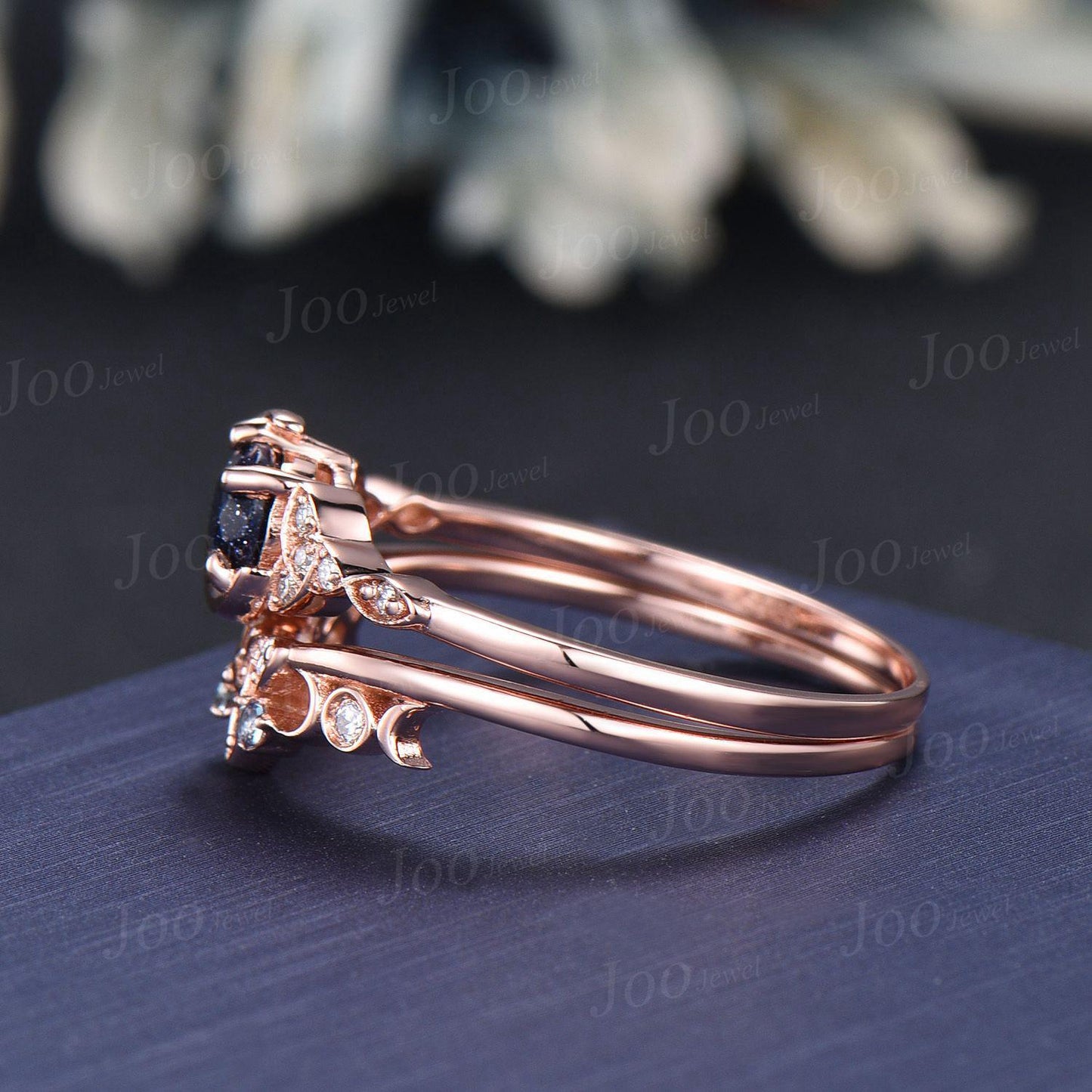 5mm Round Galaxy Blue Sandstone Crescent Moon Bridal Ring For Women Vintage Trinity Knot Promise Ring Art Deco 14K Rose Gold Wedding Rings