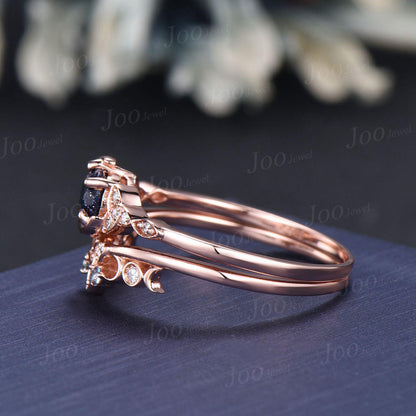 5mm Round Galaxy Blue Sandstone Crescent Moon Bridal Ring For Women Vintage Trinity Knot Promise Ring Art Deco 14K Rose Gold Wedding Rings