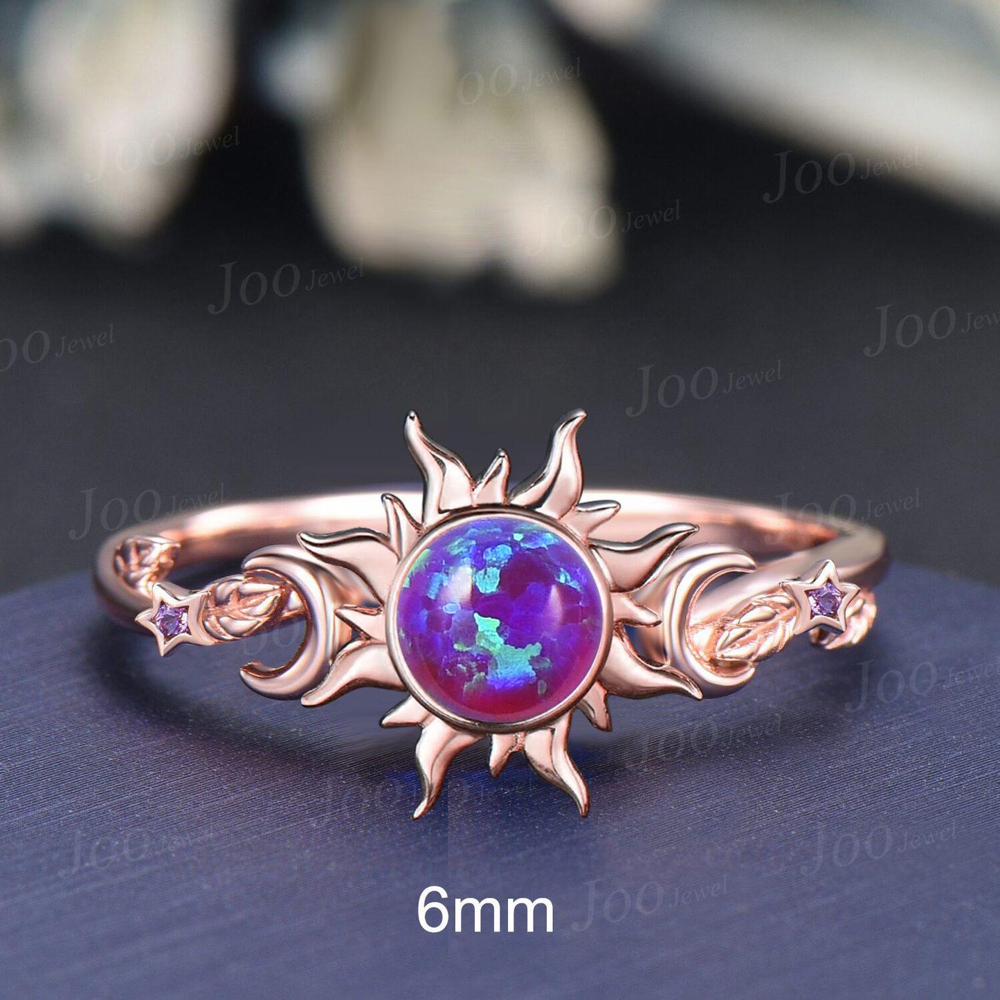 Lavender Purple Opal Engagement Ring Round Amethyst Opal Sun Moon Wedding Rings Unique Anniversary Gifts Leaf Bridal Promise Ring for Women