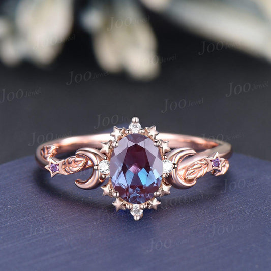 Oval Cut Color-Change Alexandrite Ring Moon Star Engagement Ring 14K Solid Rose Gold Alexandrite Promise Ring June Birthstone Gift for Women