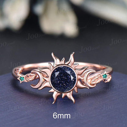 Round Cut Galaxy Blue Sandstone Sun Leaf Engagement Ring Celestial Wedding Rings Unique Anniversary Gifts Moon Star Amethyst Promise Rings