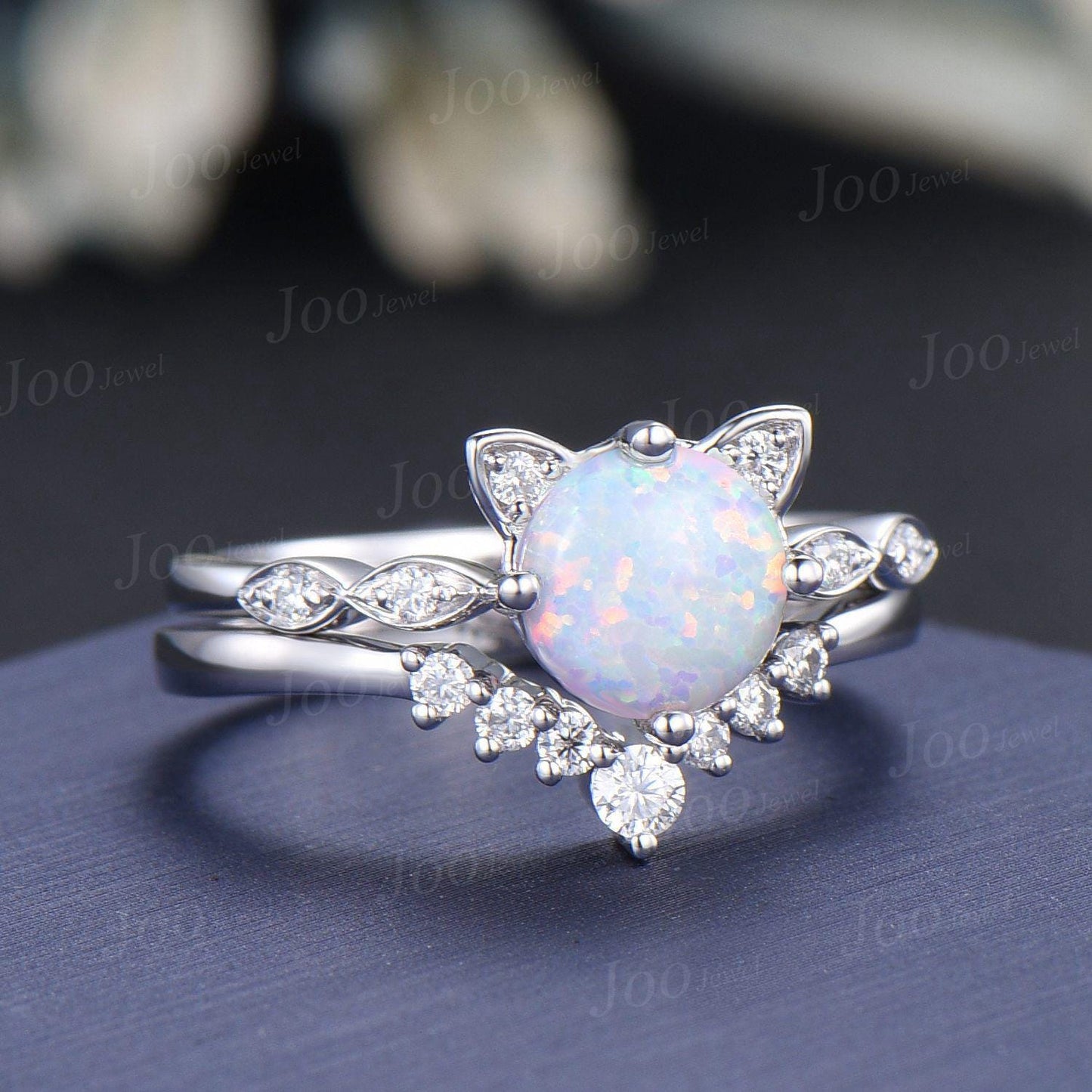Vintage Round Cut Opal Moissanite Cat Promise Ring Peekaboo Kitten Cat Wedding Ring Unique Custom Personalized Birthday Gifts for Cat Lover