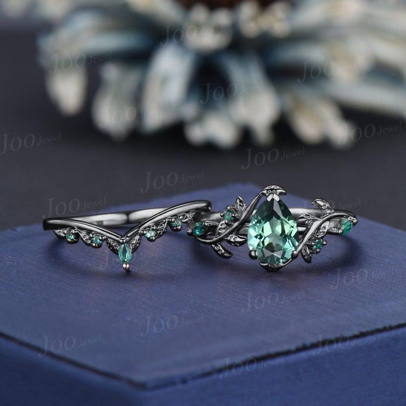 Black Gold Green Sapphire Engagement Ring Set 1.25ct Pear Cut Blue Montana Teal Sapphire Leaf Wedding Ring Set Goth Black Promise Ring Women