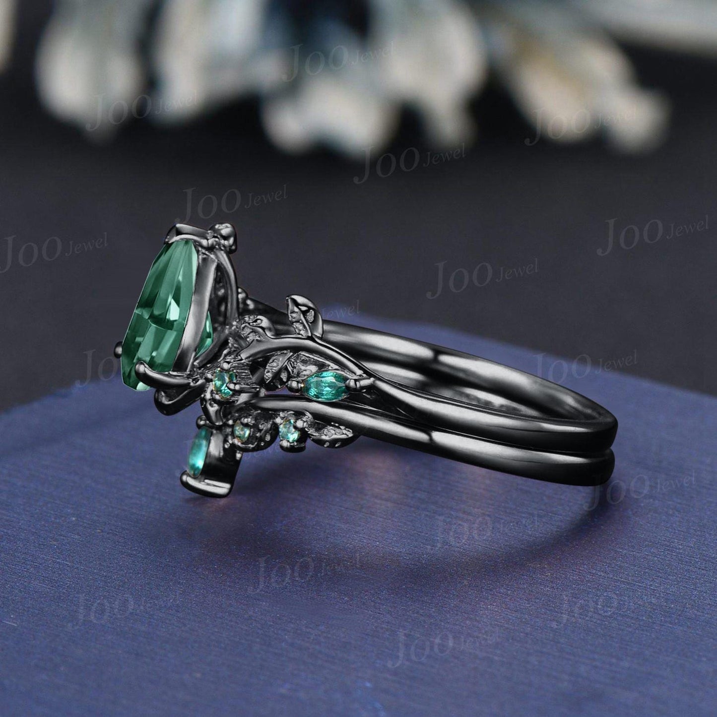 Black Gold Green Sapphire Engagement Ring Set 1.25ct Pear Cut Blue Montana Teal Sapphire Leaf Wedding Ring Set Goth Black Promise Ring Women