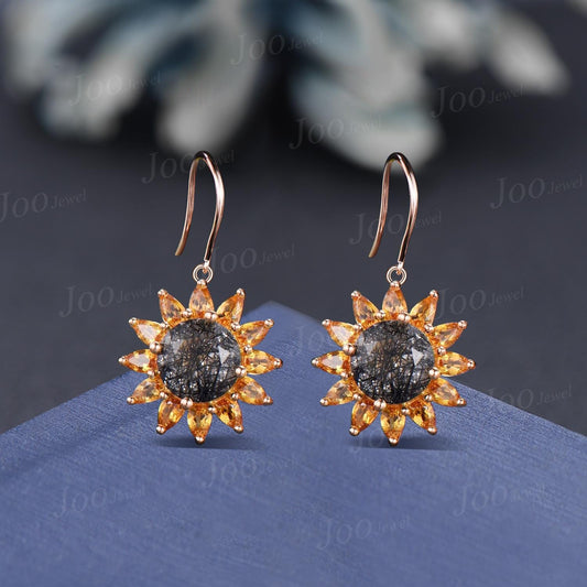 Sterling Silver Sunflower Hook Earrings Round Natural Black Rutilated Quartz Citrine Boho Studs -You Are My Sunshine Unique Birthday Gifts