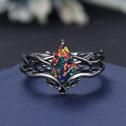 Antique Kite Cut Black Fire Opal Engagement Ring Set Twig Vine Black Onyx Wedding Ring Kite Bridal Set Gothic Black Opal Ring Set for Women