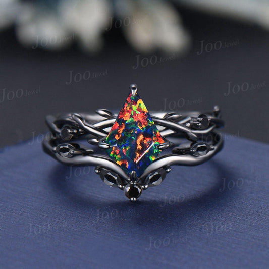 Antique Kite Cut Black Fire Opal Engagement Ring Set Twig Vine Black Onyx Wedding Ring Kite Bridal Set Gothic Black Opal Ring Set for Women