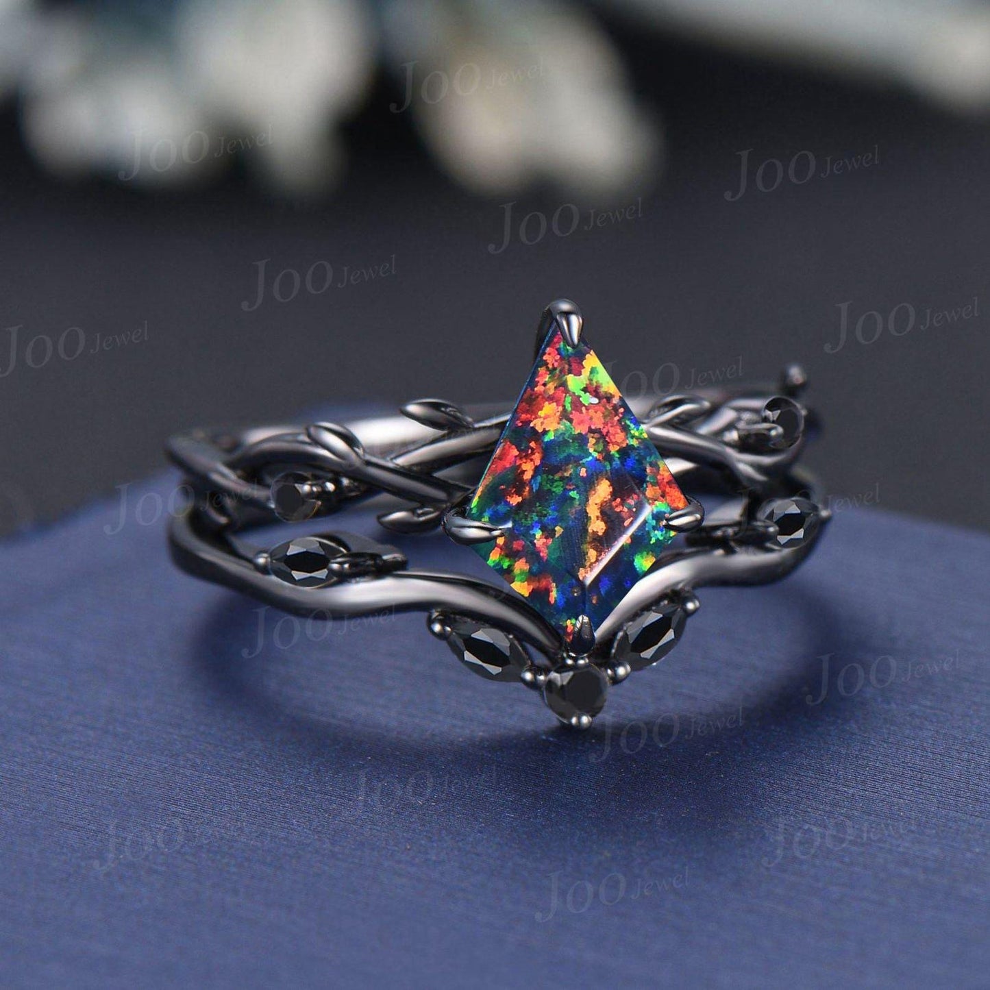 Antique Kite Cut Black Fire Opal Engagement Ring Set Twig Vine Black Onyx Wedding Ring Kite Bridal Set Gothic Black Opal Ring Set for Women