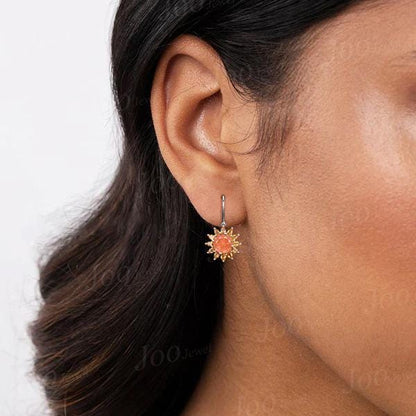 Sterling Silver Sunflower Sunstone Hook Earrings Round Natural Sunstone Citrine Boho Studs-You Are My Sunshine Unique Birthday Gifts for Her