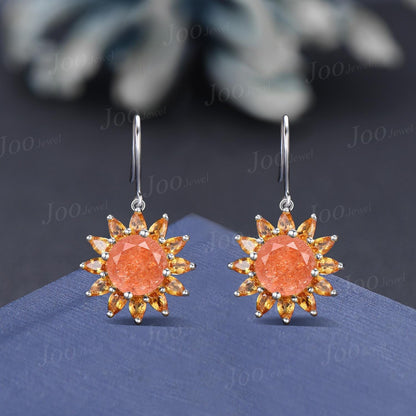 Sterling Silver Sunflower Sunstone Hook Earrings Round Natural Sunstone Citrine Boho Studs-You Are My Sunshine Unique Birthday Gifts for Her