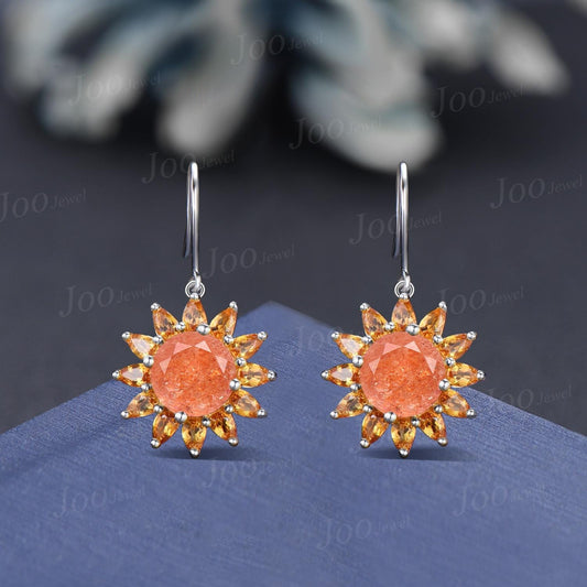 Sterling Silver Sunflower Sunstone Hook Earrings Round Natural Sunstone Citrine Boho Studs-You Are My Sunshine Unique Birthday Gifts for Her