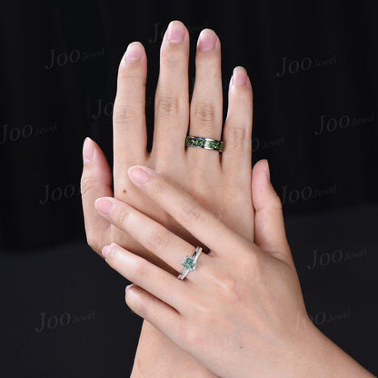 2ct Emerald Cut Green Sapphire Matching Couple Ring Set Sterling Silver Solitaire Engagement Ring for Her Teal Tungsten Wedding Band for Him