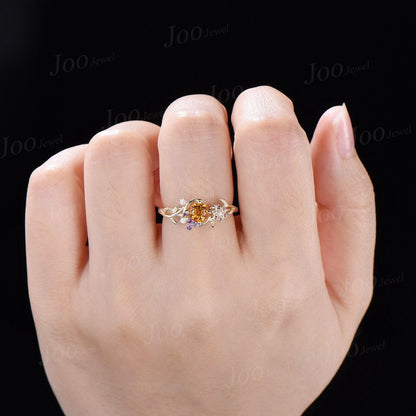 5mm Round Cut Natural Yellow Citrine Moon Engagement Ring 14K Yellow Gold Vine Leaf Genuine Crystal Promise Rings November Birthstone Gifts