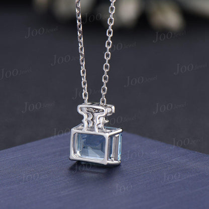 3ct Emerald Cut Natural Aquamarine Diamond Pendant | Perfume Bottle Design Aquamarine Pendant Necklace | 10K White Gold Gemstone Necklace