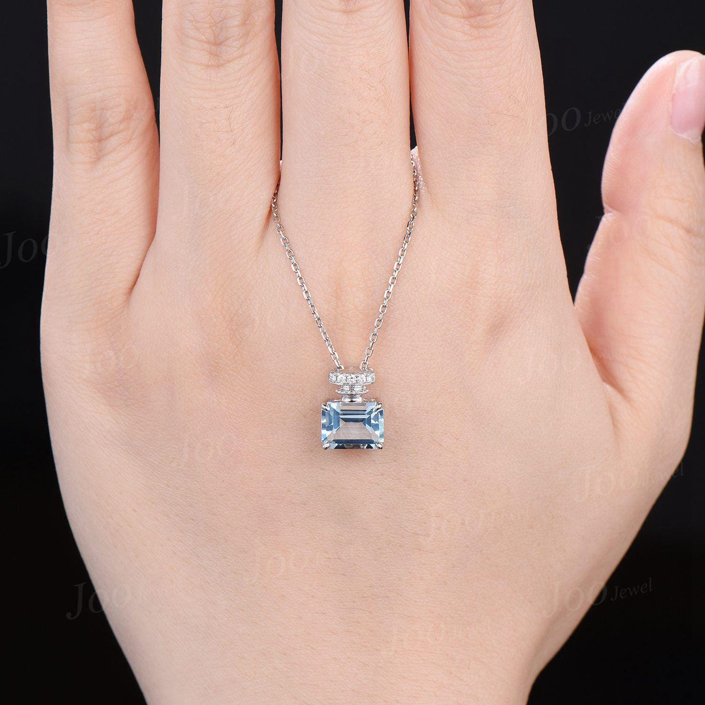 3ct Emerald Cut Natural Aquamarine Diamond Pendant | Perfume Bottle Design Aquamarine Pendant Necklace | 10K White Gold Gemstone Necklace