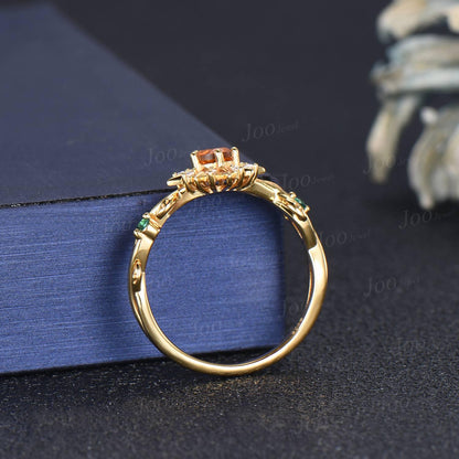 Natural Citrine Sunburst Ring 4mm/5mm Round Cut Yellow Citrine Wedding Ring Twig Vine Emerald Sunshine Promise Rings Gift for Daughter/Wife