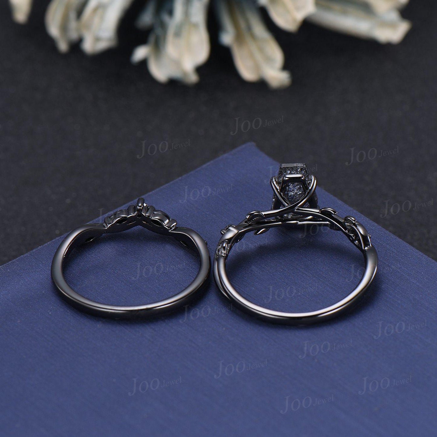 Retro Coffin Cut Natural Black Rutilated Quartz Engagement Ring Set Twig Vine Black Gothic Wedding Ring  Set for Black Wedding Dress/Gown