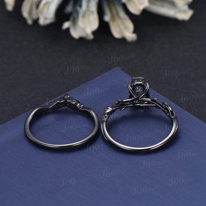 Retro Coffin Cut Natural Black Rutilated Quartz Engagement Ring Set Twig Vine Black Gothic Wedding Ring  Set for Black Wedding Dress/Gown