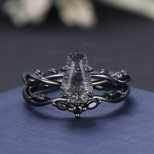 Retro Coffin Cut Natural Black Rutilated Quartz Engagement Ring Set Twig Vine Black Gothic Wedding Ring  Set for Black Wedding Dress/Gown