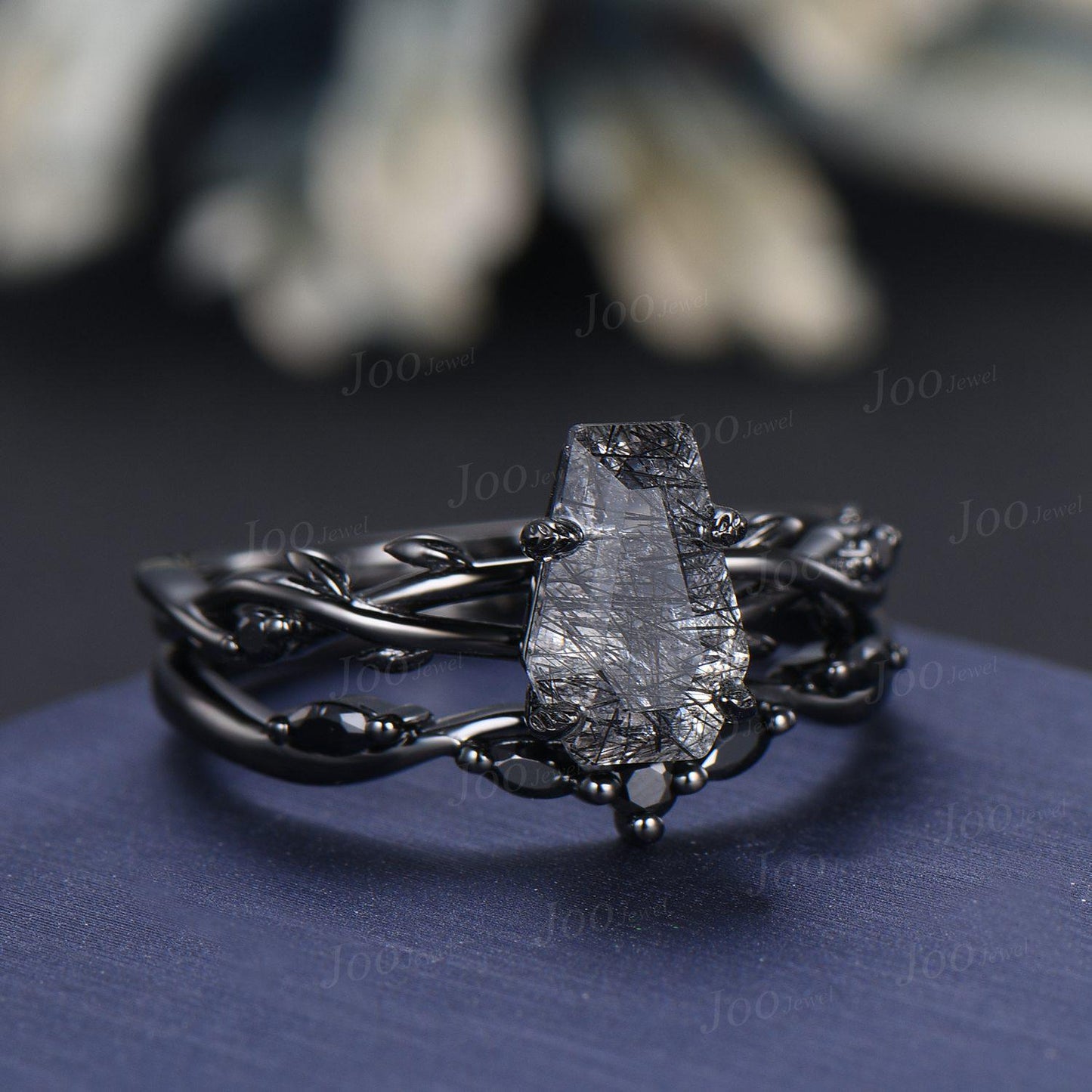 Retro Coffin Cut Natural Black Rutilated Quartz Engagement Ring Set Twig Vine Black Gothic Wedding Ring  Set for Black Wedding Dress/Gown