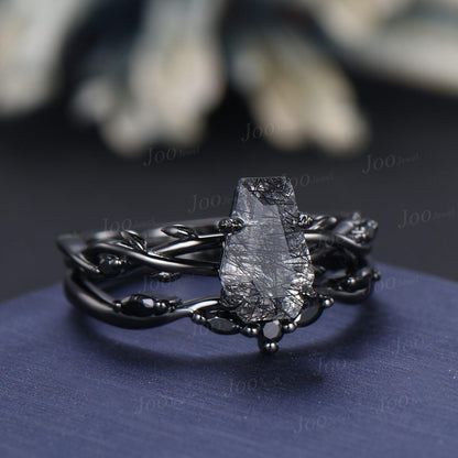 Retro Coffin Cut Natural Black Rutilated Quartz Engagement Ring Set Twig Vine Black Gothic Wedding Ring  Set for Black Wedding Dress/Gown