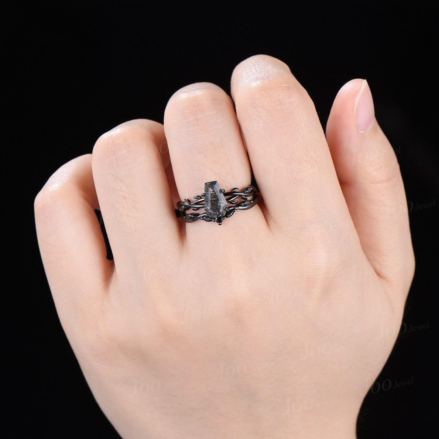 Retro Coffin Cut Natural Black Rutilated Quartz Engagement Ring Set Twig Vine Black Gothic Wedding Ring  Set for Black Wedding Dress/Gown