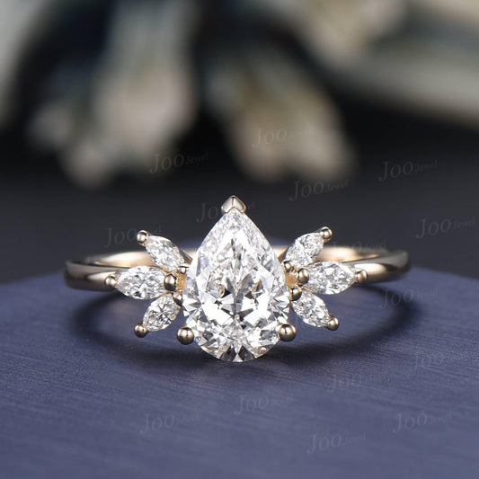 Pear Cut Lab Grown Diamond Engagement Ring With IGI Certificate 14K Yellow Gold Teardrop Diamond Ring Cluster Pear Wedding Bridal Ring Women