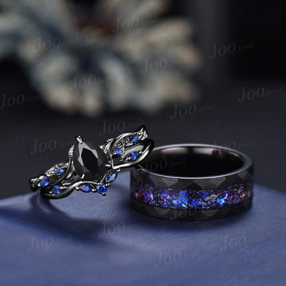 Black Promise Ring Set for Couple, Pear Cut Natural Black Onyx Black Ring Set for Women, Black Tungsten Band for Men, Matching Couple Ring